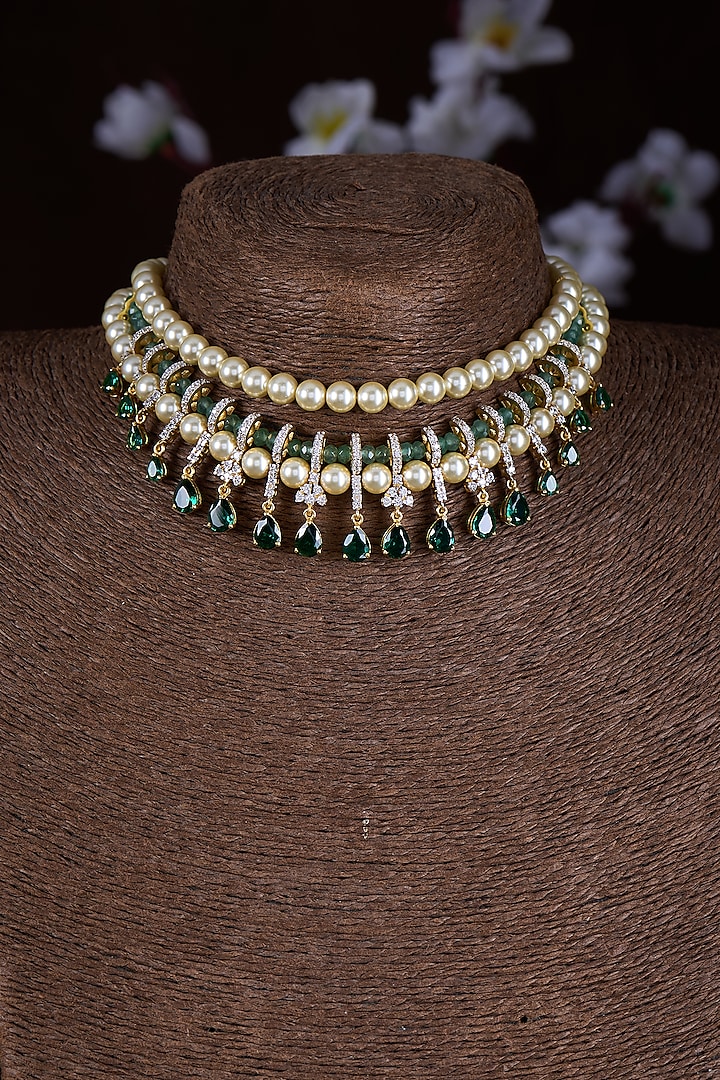 Gold Finish Moissanite Polki & Green Stone Choker Necklace In Sterling Silver by Hunar at Pernia's Pop Up Shop