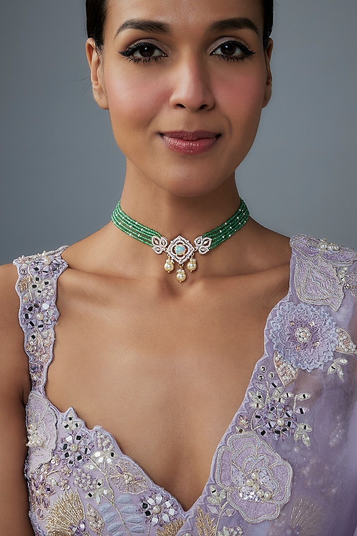 Gold Finish Moissanite Polki & Green Stone Choker Necklace In Sterling Silver by Hunar at Pernia's Pop Up Shop