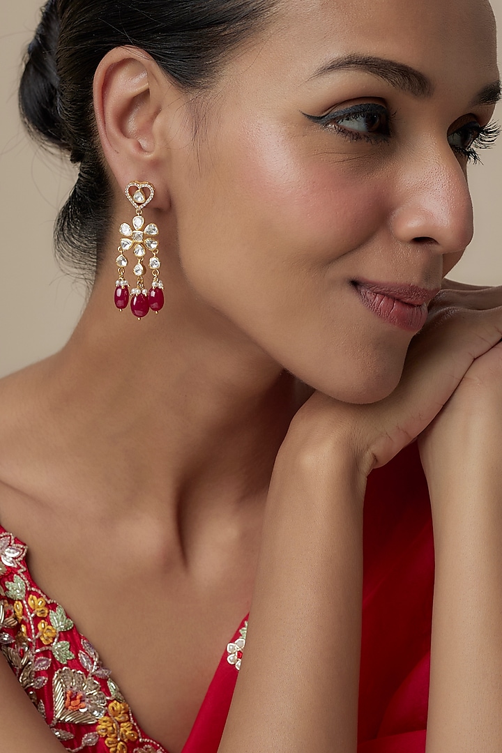 Gold Finish Moissanite Polki & Red Stone Dangler Earrings In Sterling Silver by Hunar at Pernia's Pop Up Shop