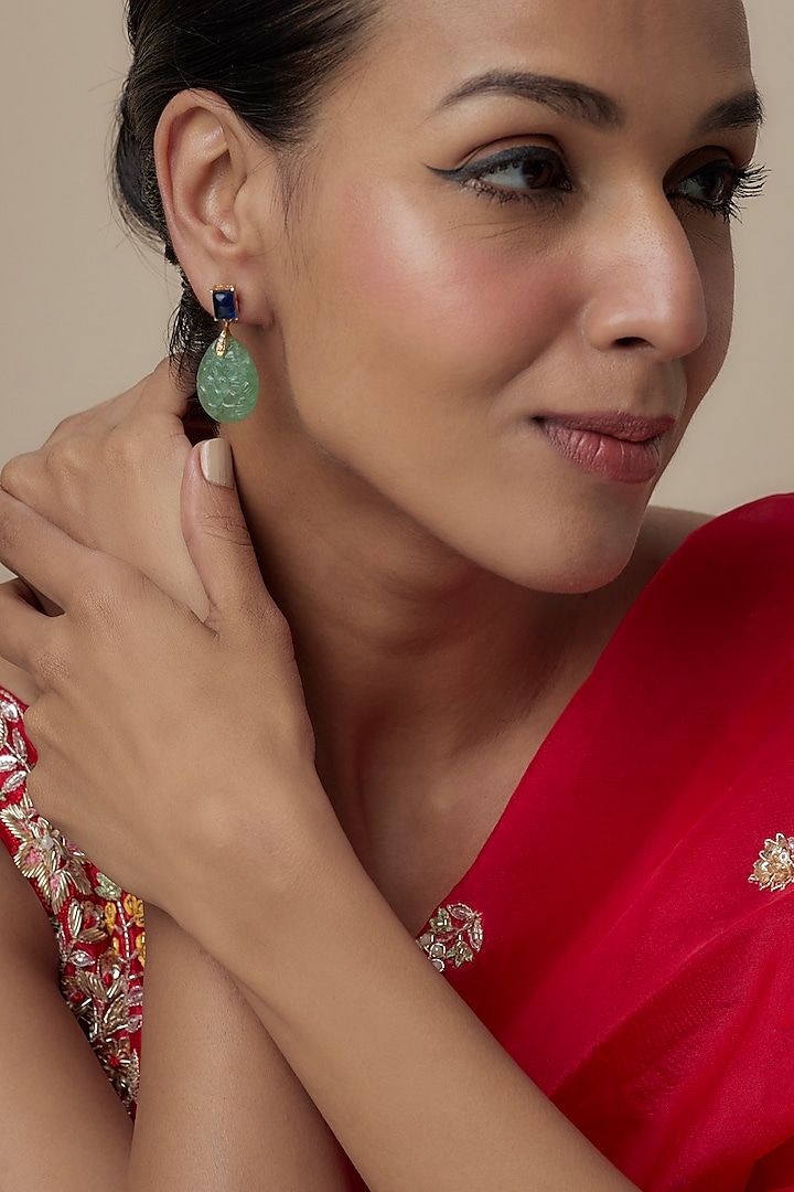 Gold Finish Moissanite Polki & Green Stone Dangler Earrings In Sterling Silver by Hunar at Pernia's Pop Up Shop