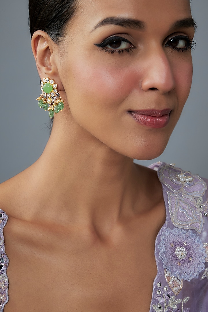 Gold Finish Moissanite Polki & Green Stone Dangler Earrings In Sterling Silver by Hunar at Pernia's Pop Up Shop