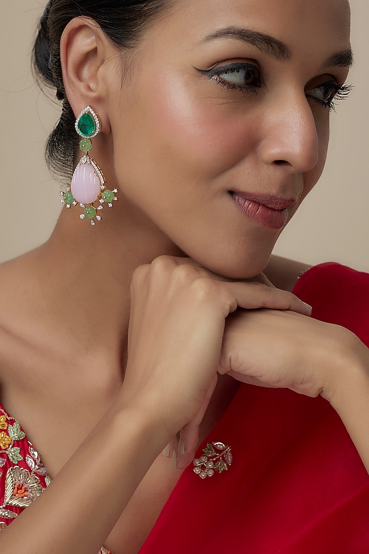 Gold Finish Moissanite Polki & Multi-Colored Stone Dangler Earrings In Sterling Silver by Hunar at Pernia's Pop Up Shop