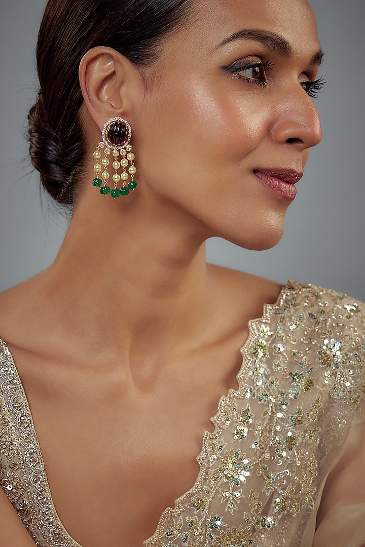 Gold Finish Moissanite Polki & Green Stone Dangler Earrings In Sterling Silver by Hunar at Pernia's Pop Up Shop