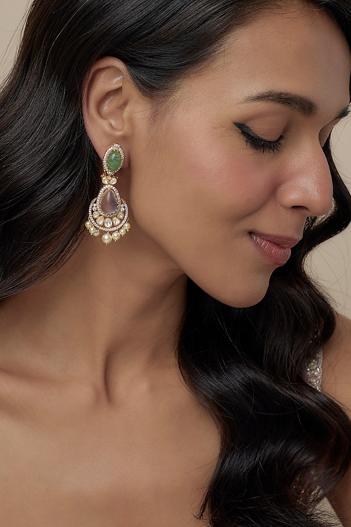 Gold Finish Moissanite Polki & Green Stone Dangler Earrings In Sterling Silver by Hunar at Pernia's Pop Up Shop