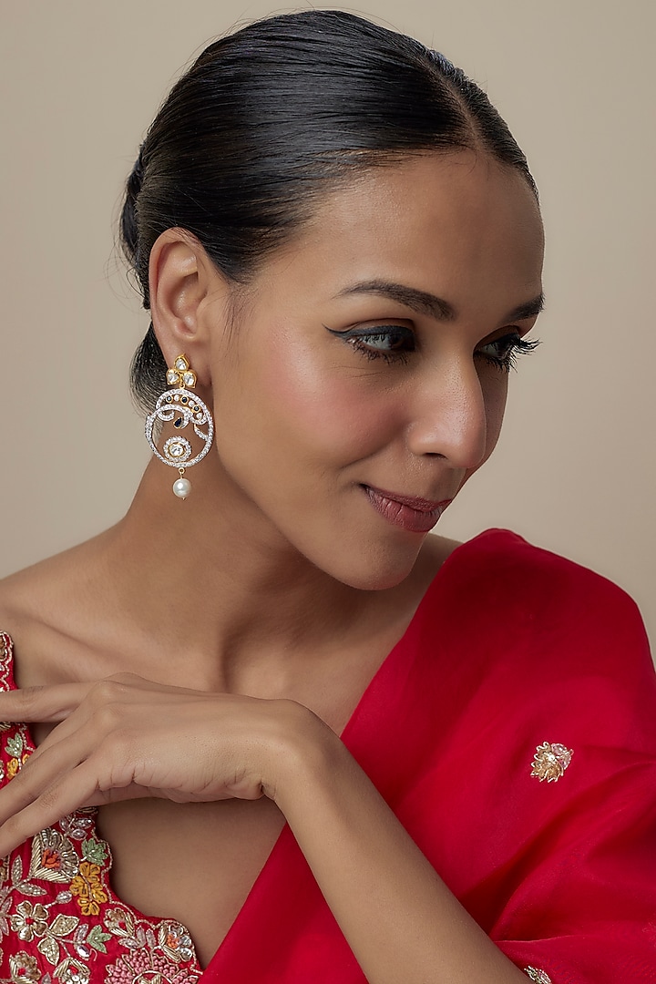 Gold Finish Moissanite Polki Dangler Earrings In Sterling Silver by Hunar at Pernia's Pop Up Shop