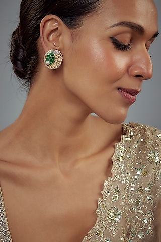 Gold Finish Moissanite Polki & Green Stone Stud Earrings In Sterling Silver by Hunar