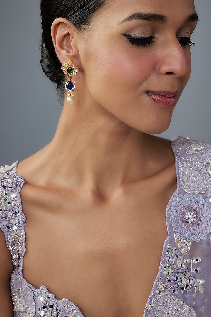 Gold Finish Moissanite Polki & Multi-Colored Stone Dangler Earrings In Sterling Silver by Hunar at Pernia's Pop Up Shop