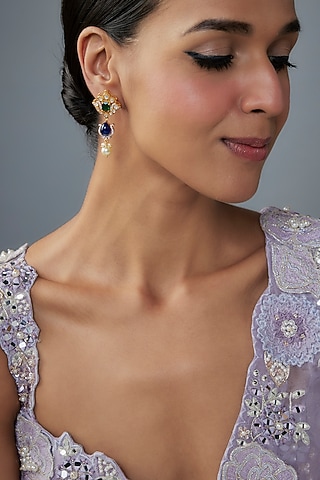 Gold Finish Moissanite Polki & Multi-Colored Stone Dangler Earrings In Sterling Silver by Hunar
