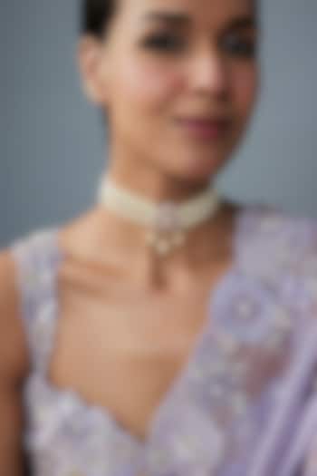 Gold Finish Moissanite Polki & Red Stone Choker Necklace In Sterling Silver by Hunar at Pernia's Pop Up Shop