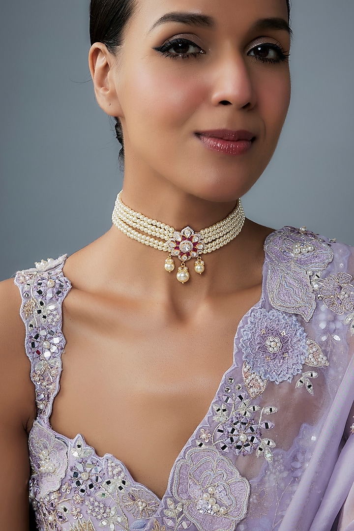 Gold Finish Moissanite Polki & Red Stone Choker Necklace In Sterling Silver by Hunar at Pernia's Pop Up Shop