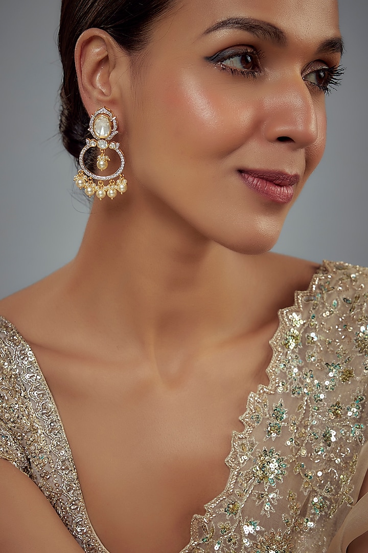 Gold Finish Moissanite Polki & Pearl Chandbali Earrings by Hunar at Pernia's Pop Up Shop