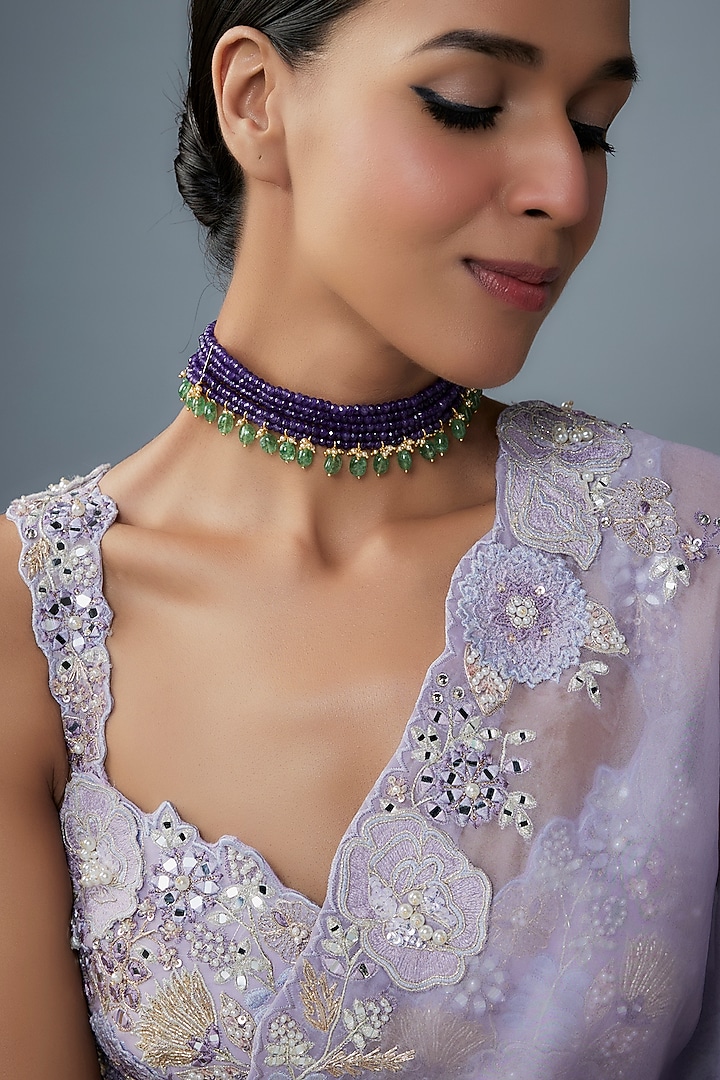 Gold Finish Moissanite Polki & Multi-Colored Stone Choker Necklace In Sterling Silver by Hunar at Pernia's Pop Up Shop