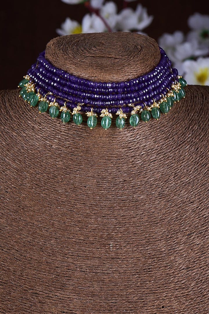 Gold Finish Moissanite Polki & Multi-Colored Stone Choker Necklace In Sterling Silver by Hunar at Pernia's Pop Up Shop