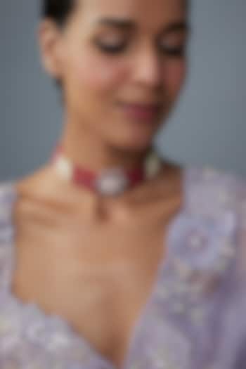 Gold Finish Moissanite Polki & Red Stone Choker Necklace In Sterling Silver by Hunar at Pernia's Pop Up Shop