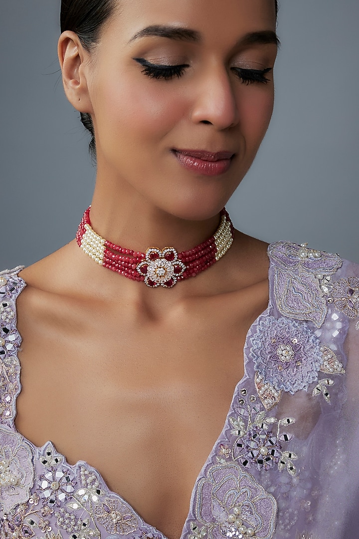 Gold Finish Moissanite Polki & Red Stone Choker Necklace In Sterling Silver by Hunar at Pernia's Pop Up Shop