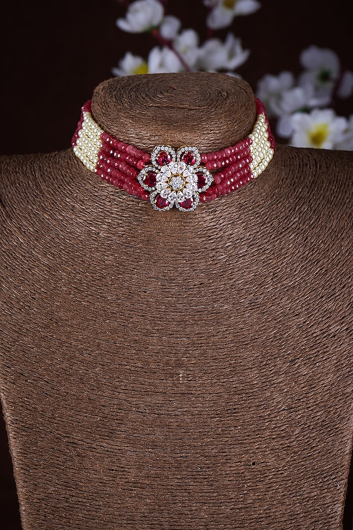 Gold Finish Moissanite Polki & Red Stone Choker Necklace In Sterling Silver by Hunar at Pernia's Pop Up Shop