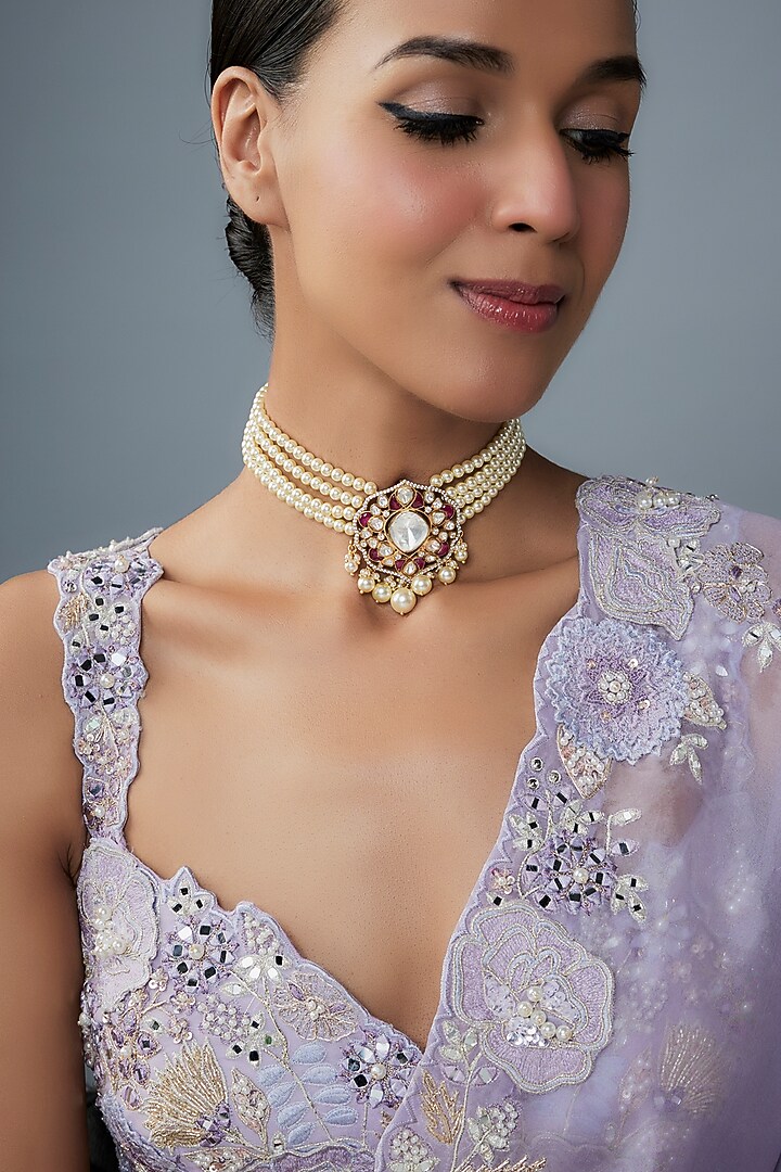 Gold Finish Moissanite Polki & Red Stone Choker Necklace In Sterling Silver by Hunar at Pernia's Pop Up Shop