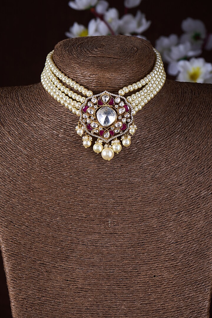 Gold Finish Moissanite Polki & Red Stone Choker Necklace In Sterling Silver by Hunar at Pernia's Pop Up Shop