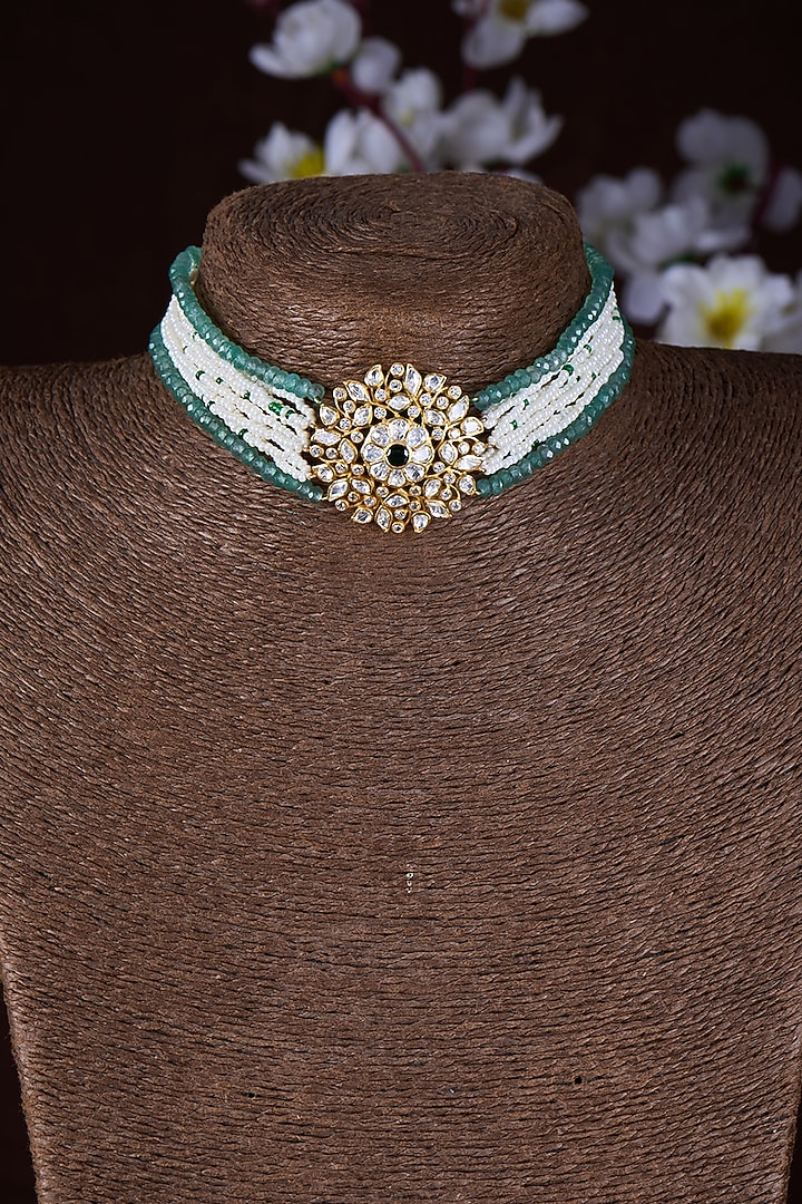 Gold Finish Moissanite Polki & Emerald Green Stone Choker Necklace In Sterling Silver by Hunar at Pernia's Pop Up Shop