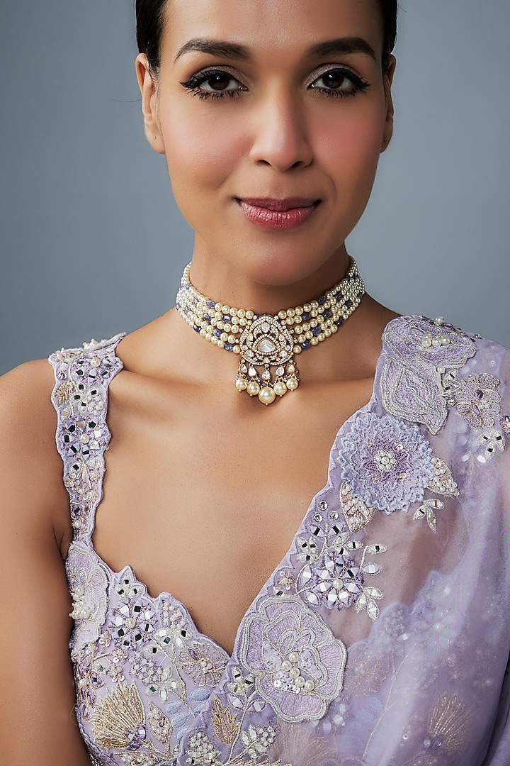 Gold Finish Moissanite Polki & Green Stone Choker Necklace In Sterling Silver by Hunar at Pernia's Pop Up Shop