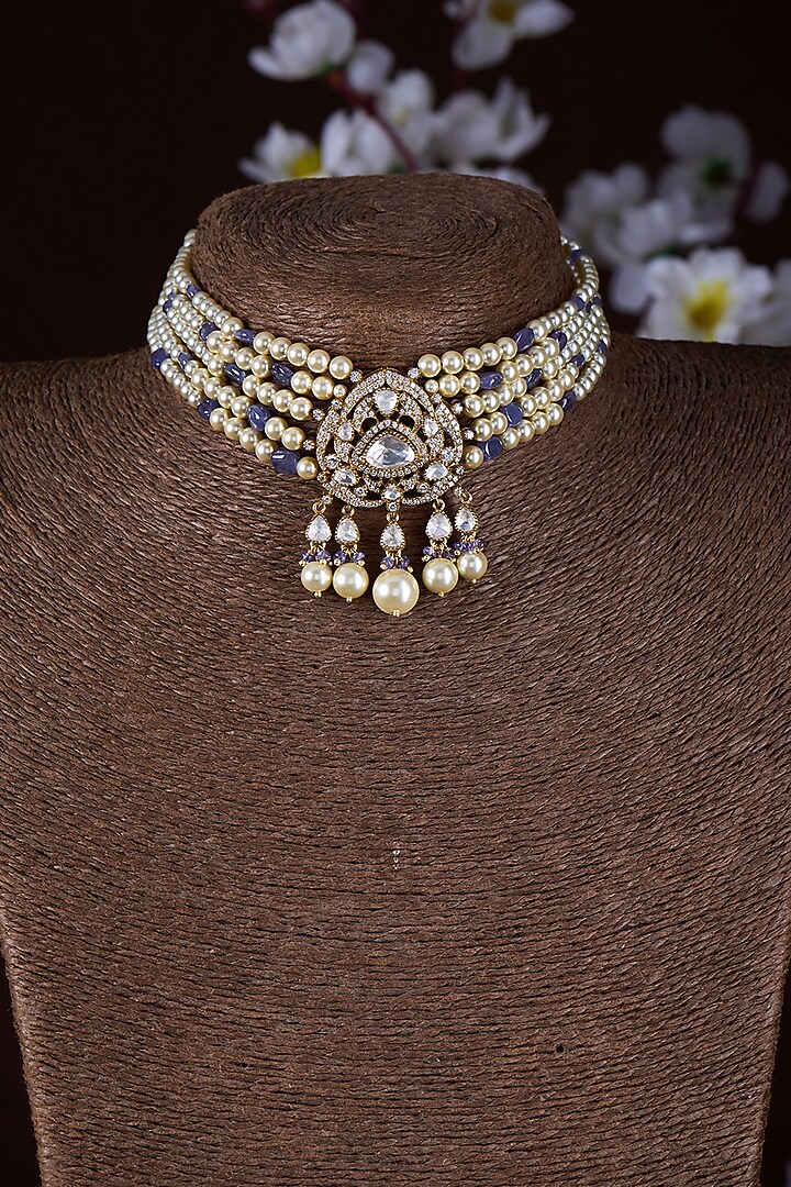 Gold Finish Moissanite Polki & Green Stone Choker Necklace In Sterling Silver by Hunar at Pernia's Pop Up Shop
