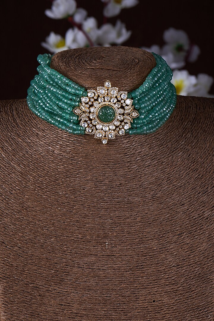 Gold Finish Moissanite Polki & Green Stone Choker Necklace In Sterling Silver by Hunar at Pernia's Pop Up Shop