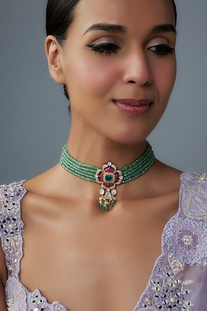 Gold Finish Moissanite Polki & Multi-Colored Stone Choker Necklace In Sterling Silver by Hunar at Pernia's Pop Up Shop