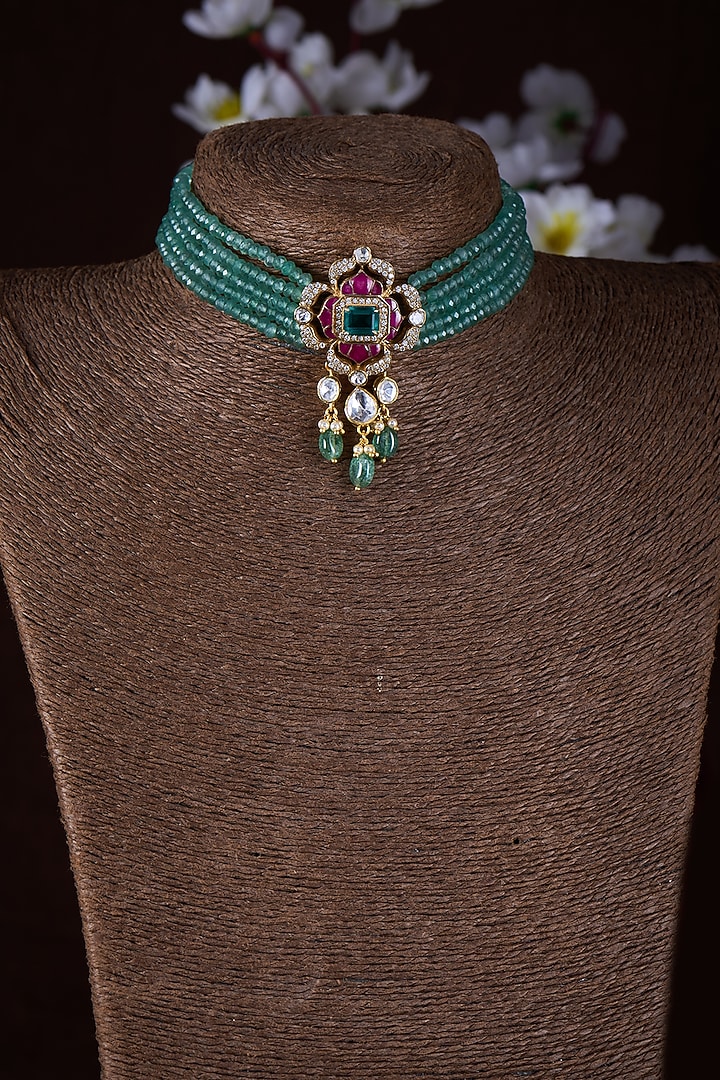 Gold Finish Moissanite Polki & Multi-Colored Stone Choker Necklace In Sterling Silver by Hunar at Pernia's Pop Up Shop