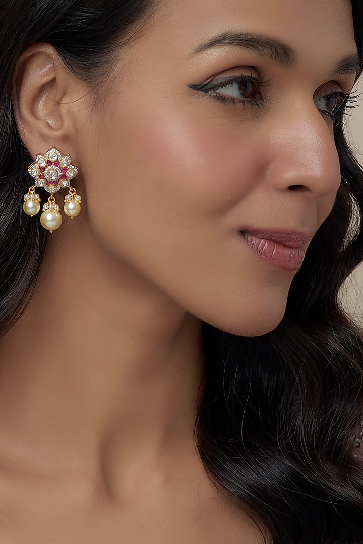 Gold Finish Moissanite Polki & Red Stone Dangler Earrings In Sterling Silver by Hunar at Pernia's Pop Up Shop