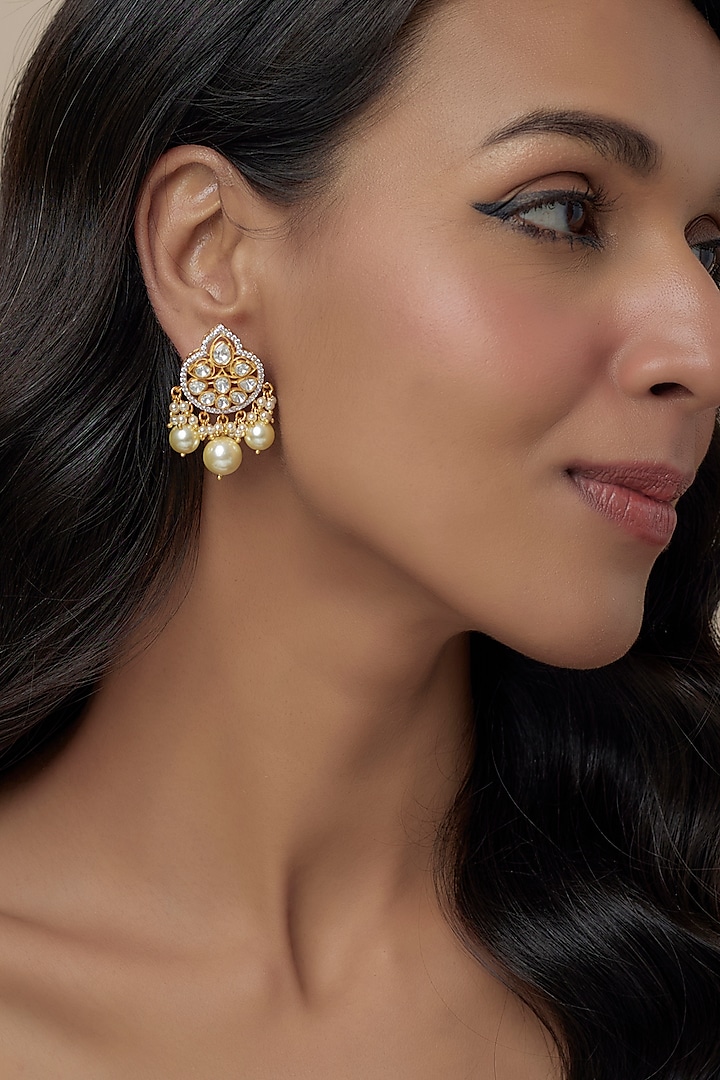 Gold Finish Moissanite Polki & Pearl Dangler Earrings In Sterling Silver by Hunar at Pernia's Pop Up Shop