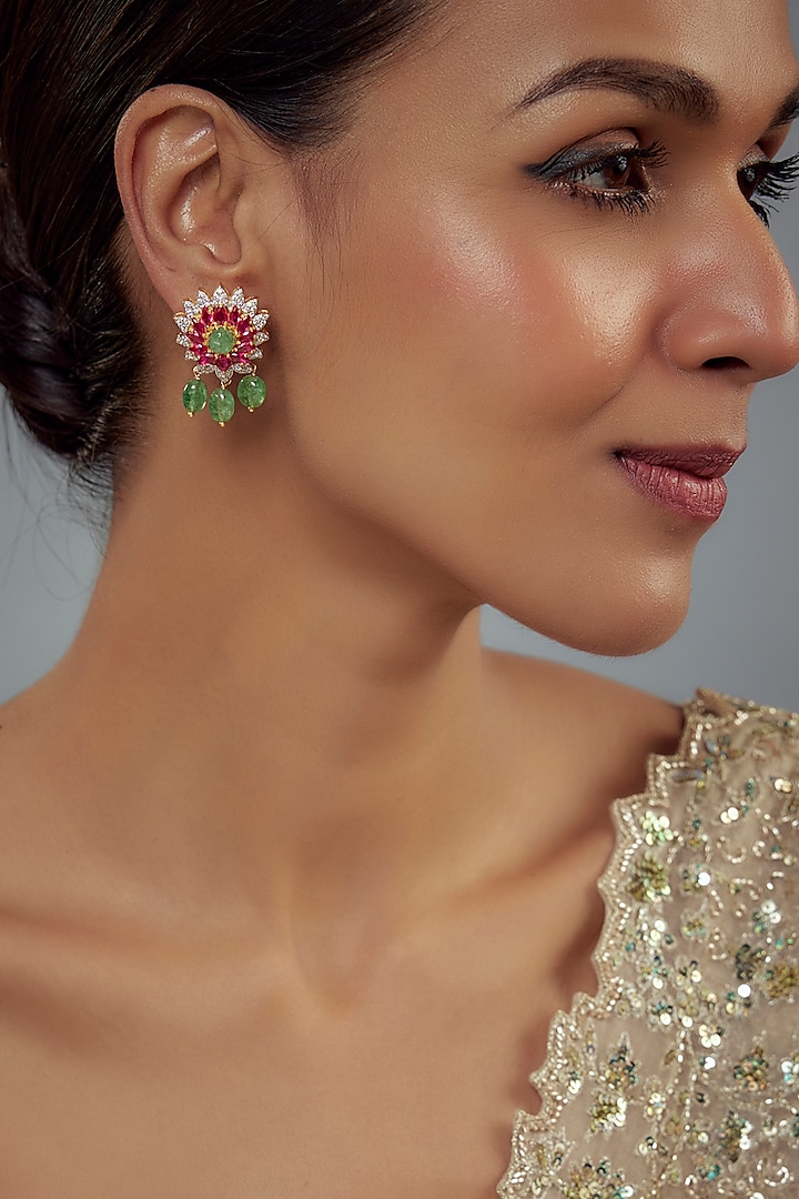 Gold Finish Moissanite Polki & Multi-Colored Stone Dangler Earrings In Sterling Silver by Hunar at Pernia's Pop Up Shop