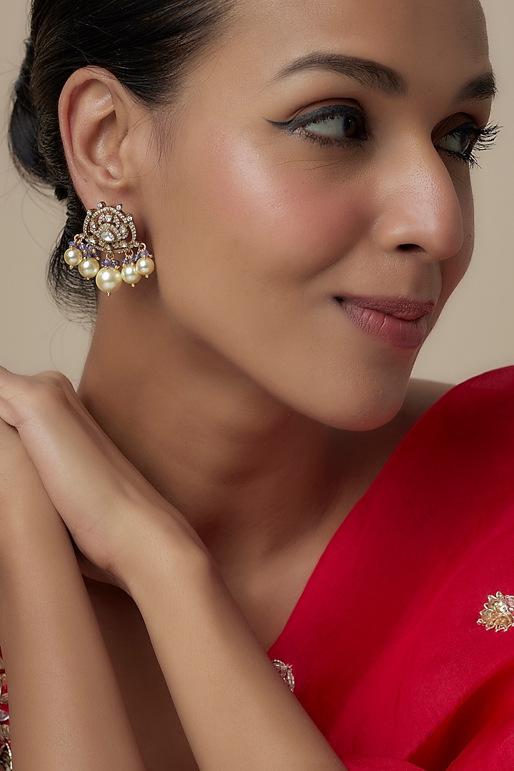 Gold Finish Moissanite Polki & Pearl Dangler Earrings In Sterling Silver by Hunar at Pernia's Pop Up Shop