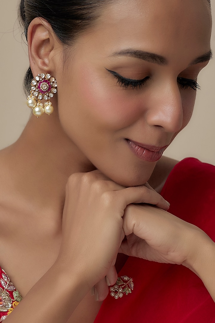 Gold Finish Moissanite Polki & Red Stone Dangler Earrings In Sterling Silver by Hunar at Pernia's Pop Up Shop