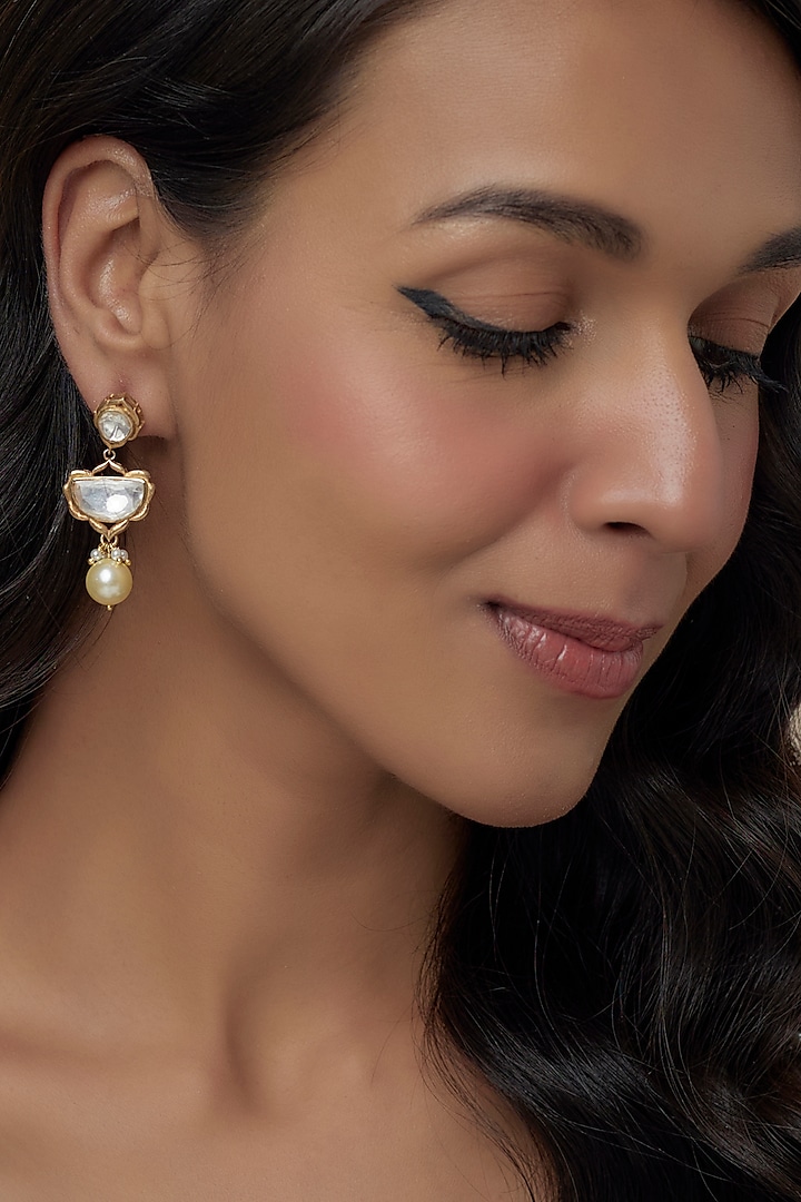 Gold Finish Moissanite Polki & Pearl Dangler Earrings In Sterling Silver by Hunar at Pernia's Pop Up Shop