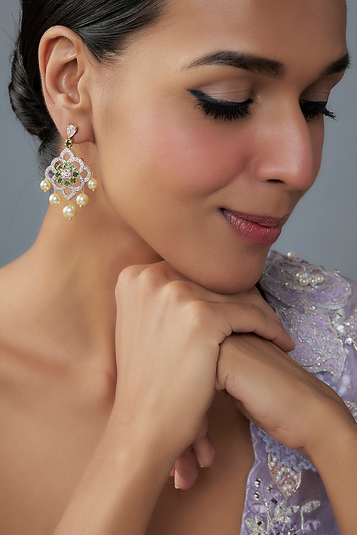Gold Finish Moissanite Polki & Green Stone Dangler Earrings In Sterling Silver by Hunar at Pernia's Pop Up Shop