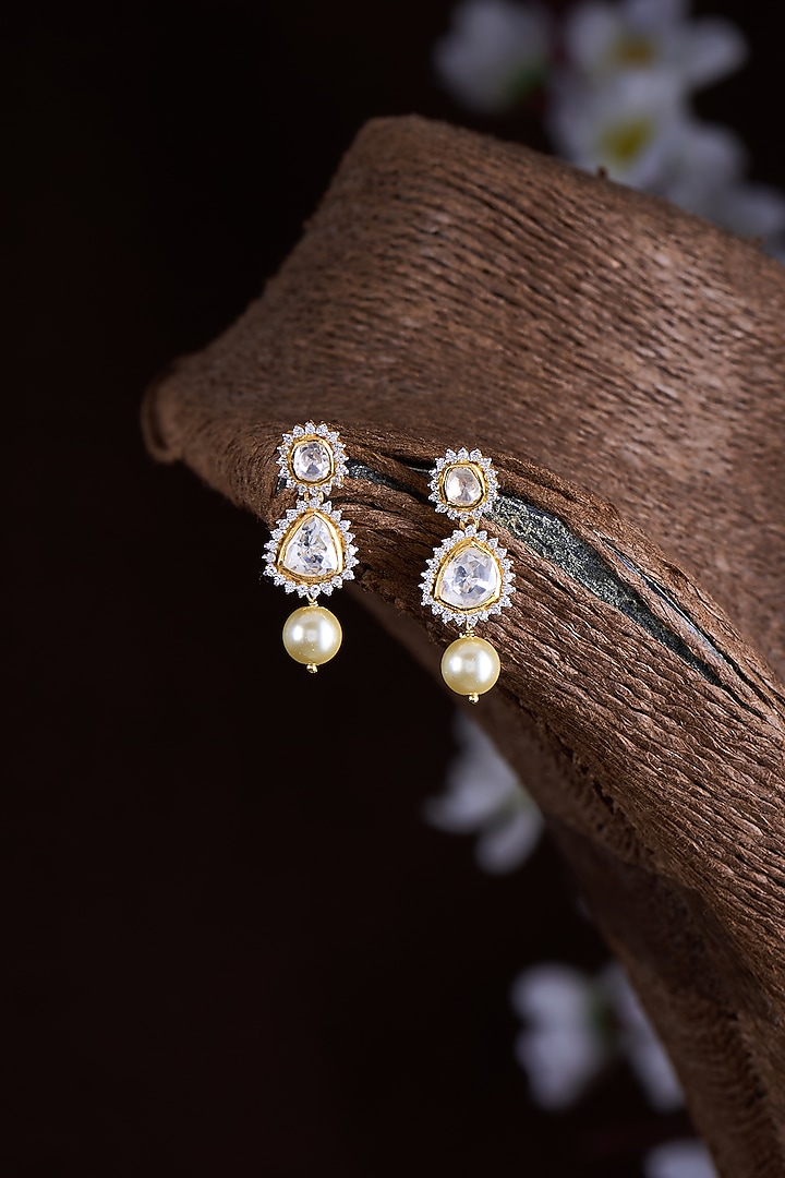 Gold Finish Moissanite Polki & Pearl Dangler Earrings In Sterling Silver by Hunar at Pernia's Pop Up Shop