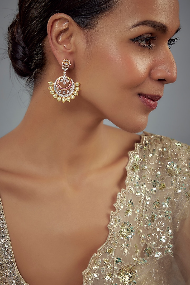 Gold Finish Moissanite Polki & Red Stone Chandbali Earrings In Sterling Silver by Hunar at Pernia's Pop Up Shop