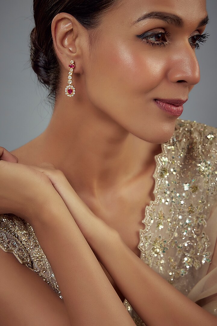 Gold Finish Moissanite Polki & Red Stone Dangler Earrings In Sterling Silver by Hunar at Pernia's Pop Up Shop