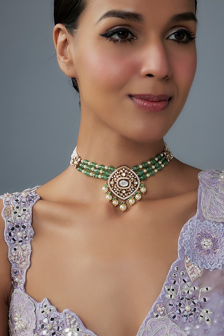 Gold Finish Moissanite Polki & Green Stone Choker Necklace In Sterling Silver by Hunar at Pernia's Pop Up Shop