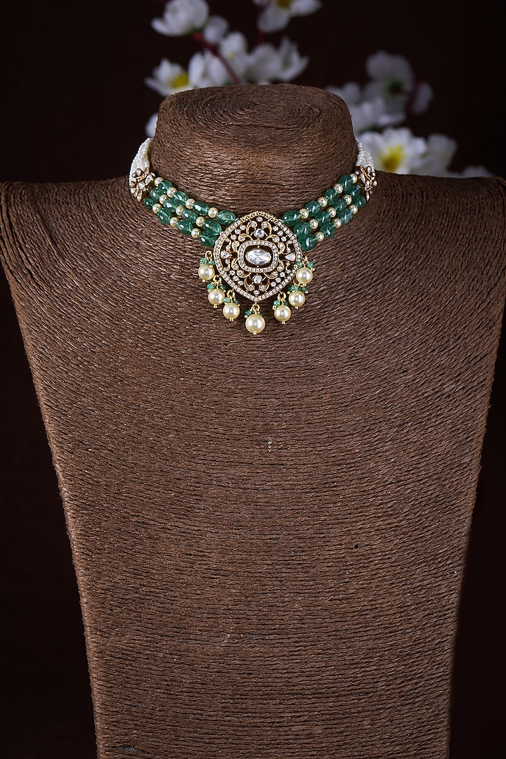 Gold Finish Moissanite Polki & Green Stone Choker Necklace In Sterling Silver by Hunar at Pernia's Pop Up Shop