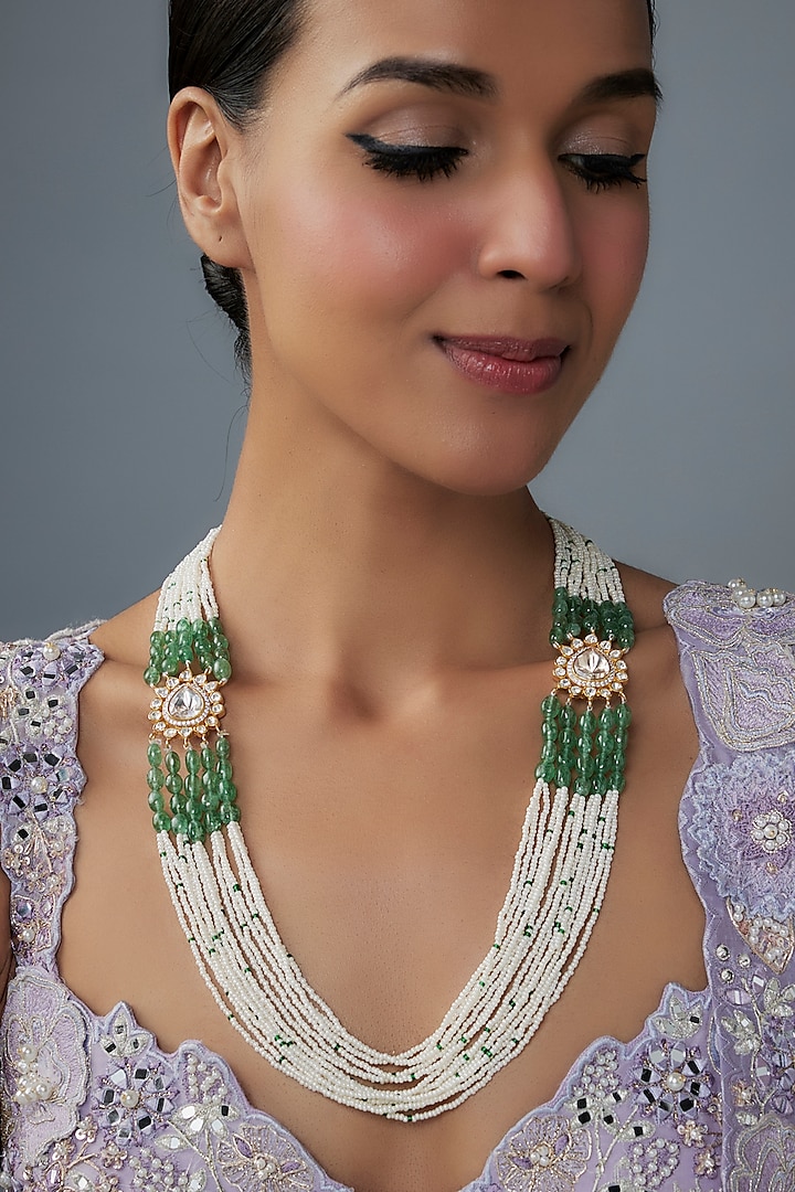 Gold Finish Moissanite Polki & Green Stone Long Necklace In Sterling Silver by Hunar at Pernia's Pop Up Shop