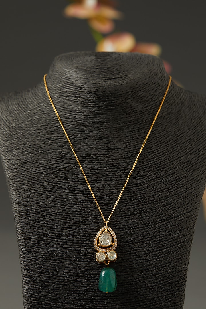 Gold Finish Moissanite Polki & Green Stone Necklace In Sterling Silver by Hunar at Pernia's Pop Up Shop