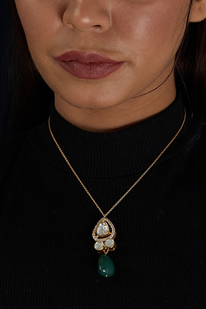 Gold Finish Moissanite Polki & Green Stone Necklace In Sterling Silver by Hunar at Pernia's Pop Up Shop