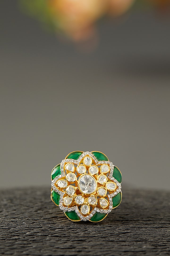 Gold Finish Moissanite Polki Ring In Sterling Silver by Hunar at Pernia's Pop Up Shop