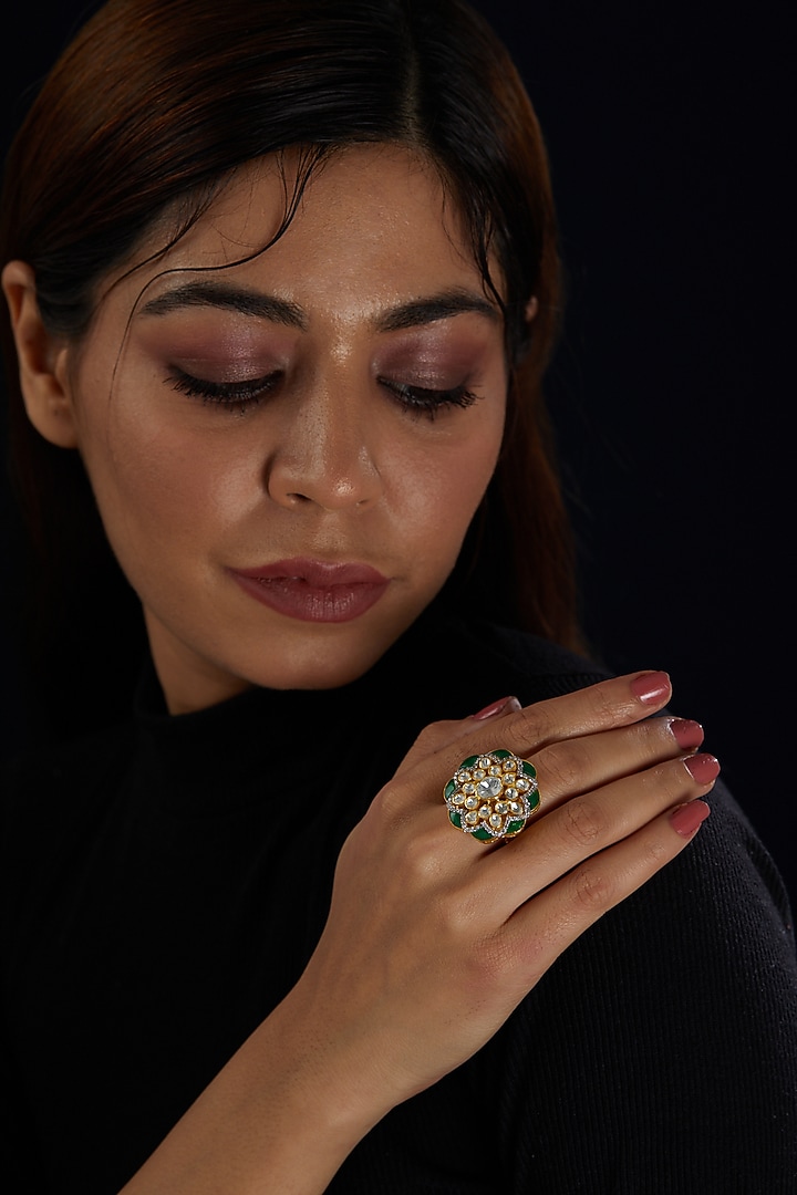 Gold Finish Moissanite Polki Ring In Sterling Silver by Hunar at Pernia's Pop Up Shop