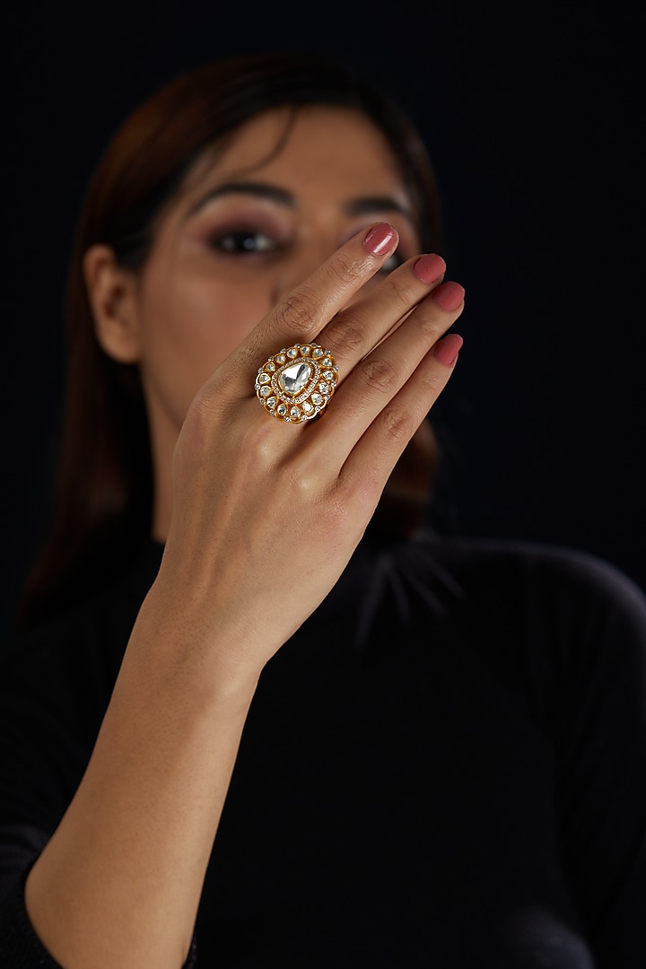 Gold Finish Moissanite Polk Ring In Sterling Silver by Hunar at Pernia's Pop Up Shop