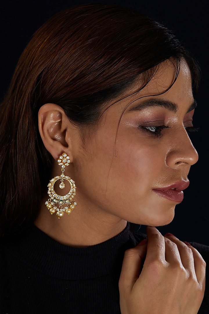 Gold Finish Moissanite Polki Dangler Earrings In Sterling Silver by Hunar at Pernia's Pop Up Shop