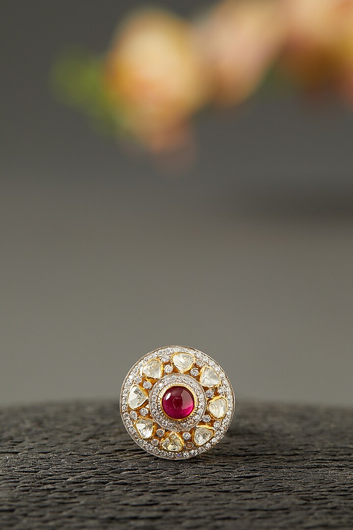 Gold Finish Moissanite Polki & Ruby Stone Ring In Sterling Silver by Hunar at Pernia's Pop Up Shop
