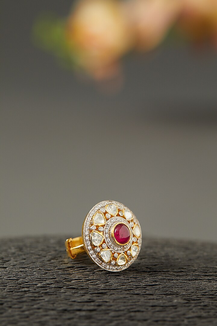 Gold Finish Moissanite Polki & Ruby Stone Ring In Sterling Silver by Hunar at Pernia's Pop Up Shop