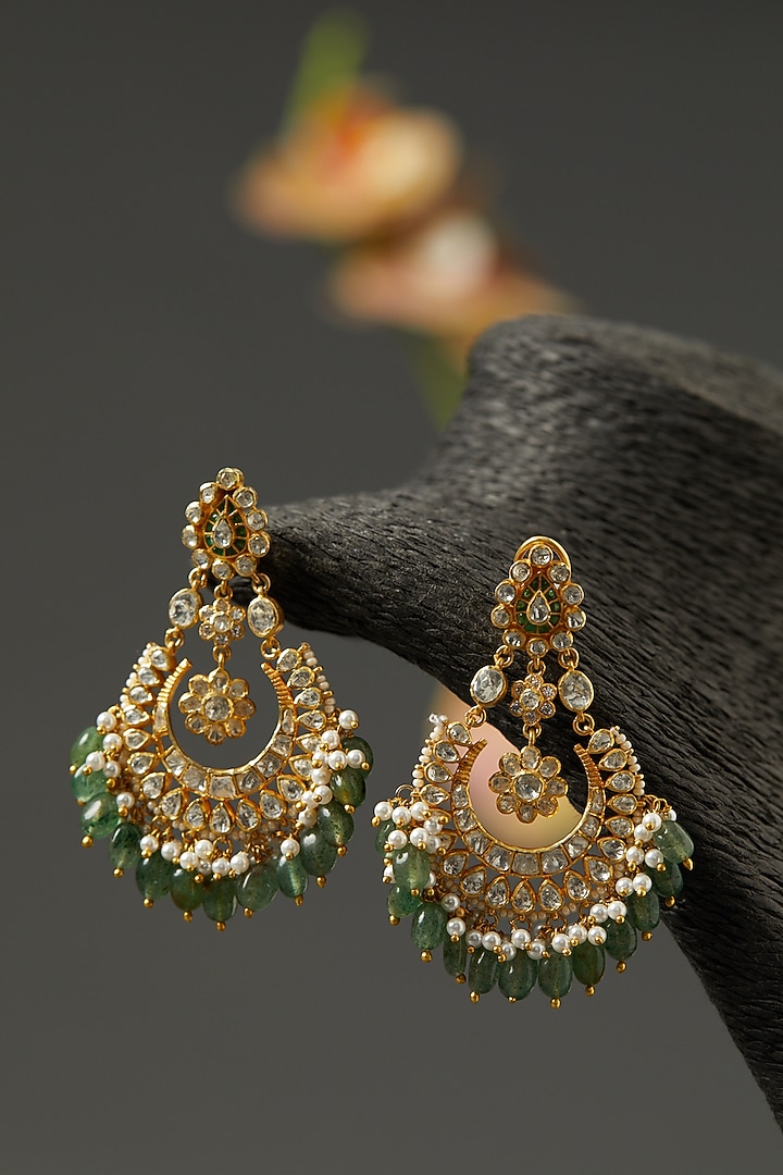 Gold Finish Moissanite Polki & Green Stone Dangler Earrings In Sterling Silver by Hunar at Pernia's Pop Up Shop